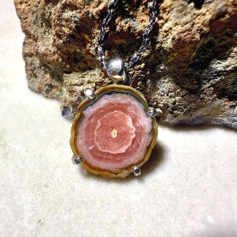Rhodochrosite Sterling Silver Edge Pendant,Handmade silver ornamentsred rhodonite cabochon
