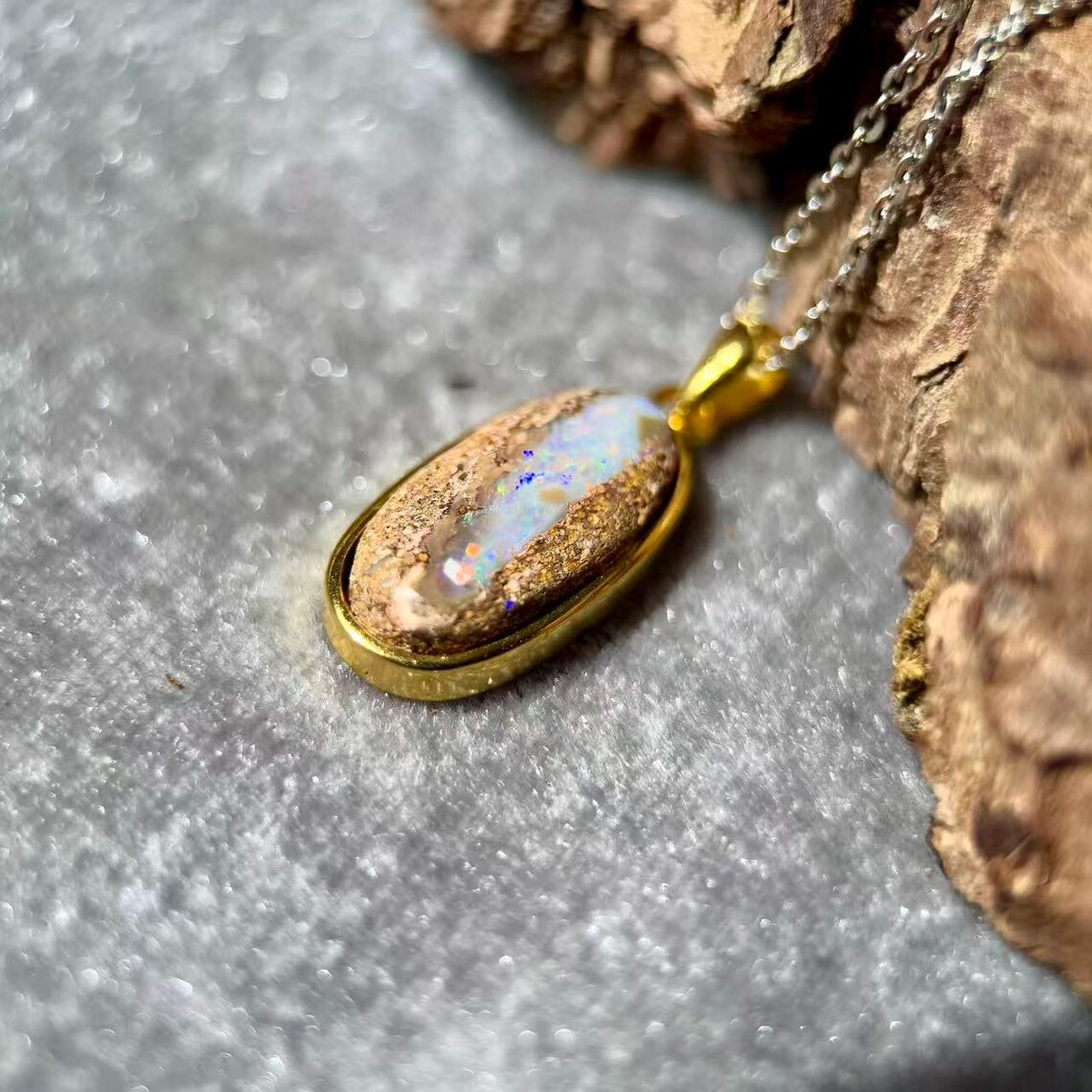 Mexican Matrix Opal Gold Plated Sterling Silver Pendant – Natural Opal Gemstone Necklace