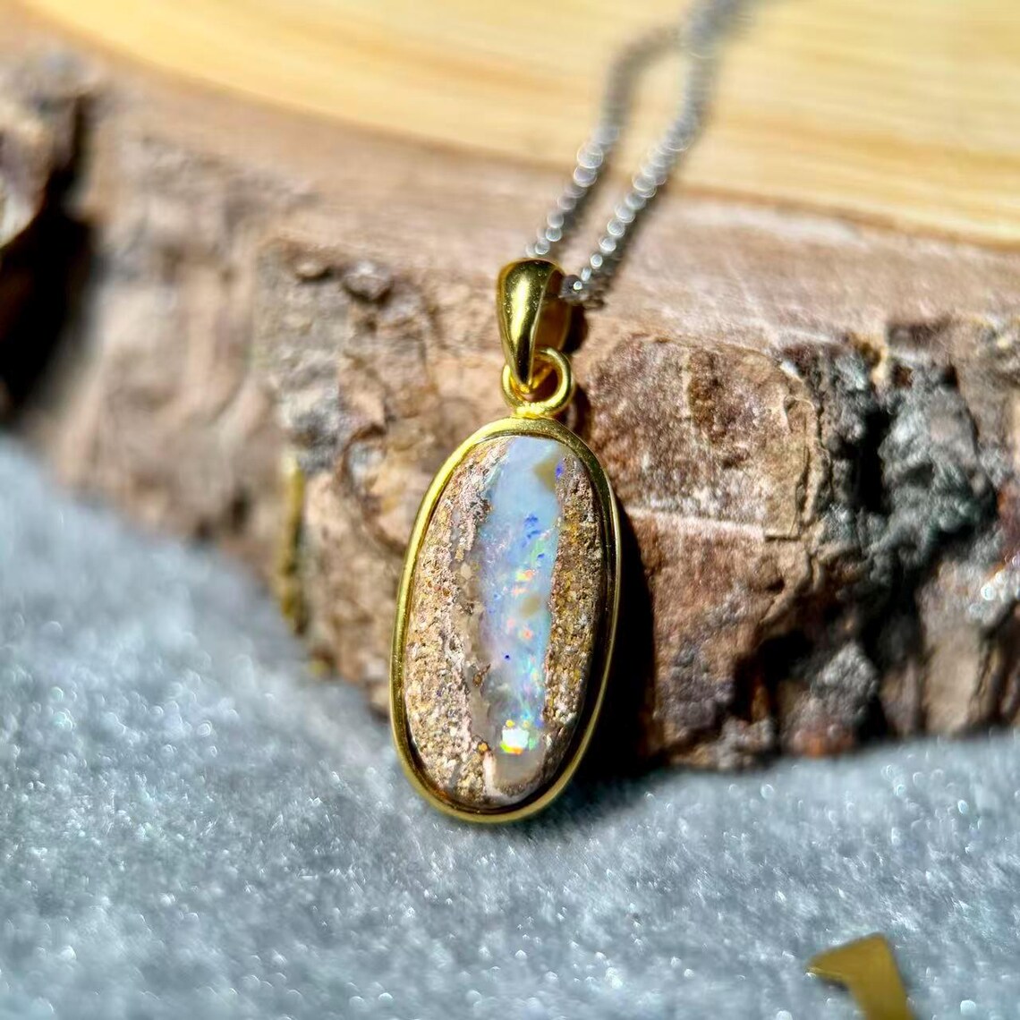 Mexican Matrix Opal Gold Plated Sterling Silver Pendant – Natural Opal Gemstone Necklace