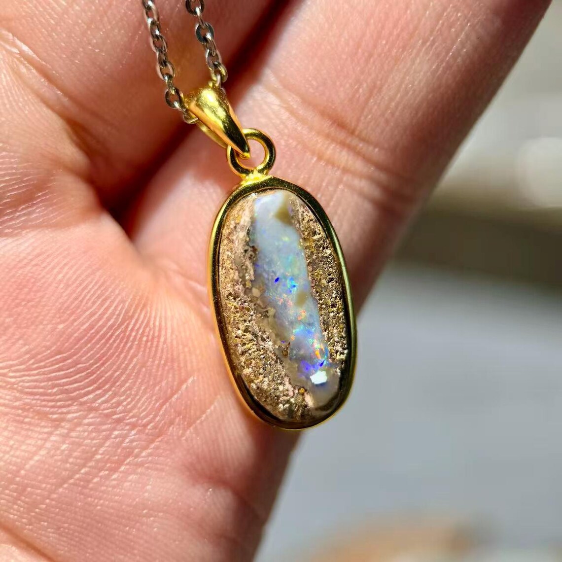 Mexican Matrix Opal Gold Plated Sterling Silver Pendant – Natural Opal Gemstone Necklace
