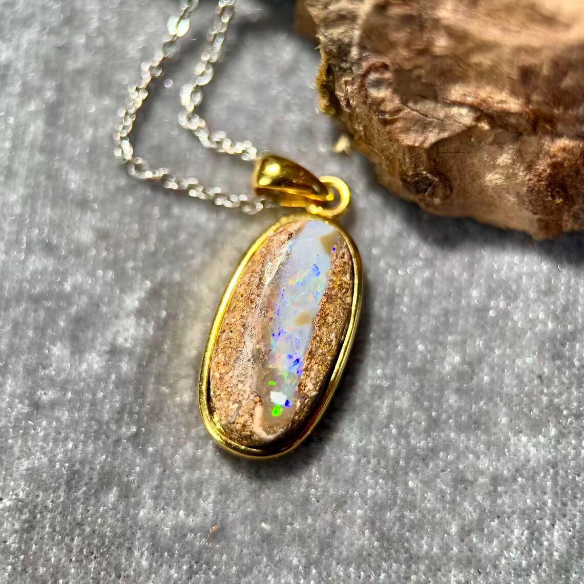 Mexican Matrix Opal Gold Plated Sterling Silver Pendant – Natural Opal Gemstone Necklace